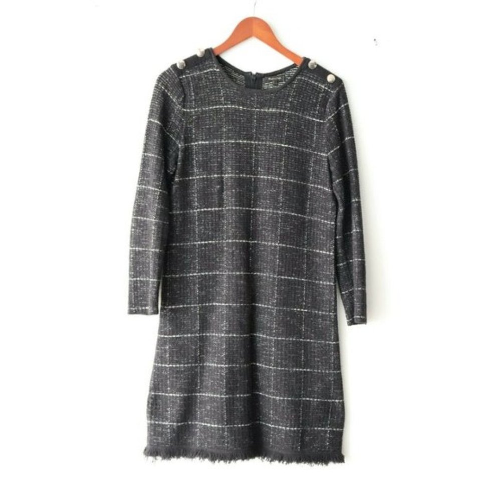 Massimo Dutti Women's Size Small Black Dress Plaid Tweed Knit Long Sleeve Mini